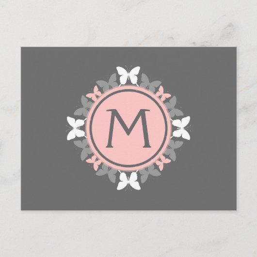 Carte Postale Monogramme de couronne papillon rose rose blanche (Devant)
