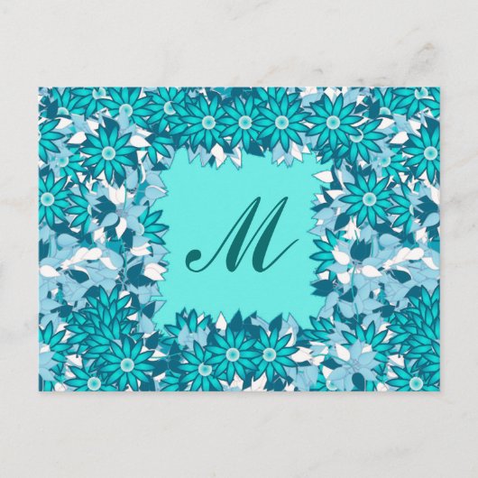 Carte Postale Monogramme encadré de fleurs - bleu et blanc (Devant)