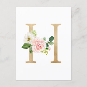 Carte Postale Monogramme floral lettre H en feuille d'or fausse