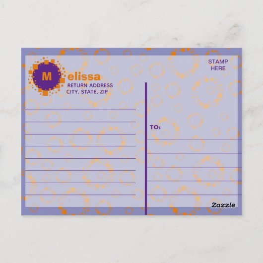 Carte Postale Monogramme Initial Orange Violet Carrés Cercles  (Dos)