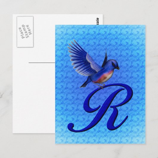 Carte Postale Monogramme Initial R Élégant Oiseau Bleu (Devant / Derrière)