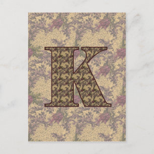 Carte Postale Monogramme Initiale K Élégant Floral Vintage