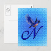 Carte Postale Monogramme Initiale N Élégant Oiseau Bleu (Devant / Derrière)