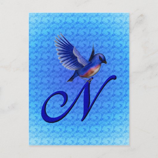 Carte Postale Monogramme Initiale N Élégant Oiseau Bleu (Devant)