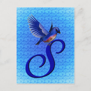 Carte Postale Monogramme Initiale S Élégant Oiseau Bleu