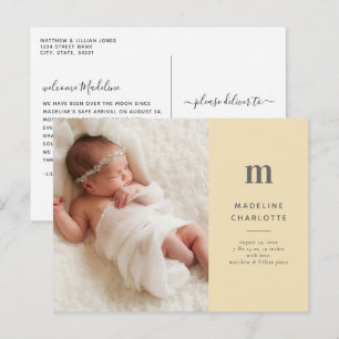 Carte Postale Monogramme jaune 1-Photo Nouveau Faire-part bébé