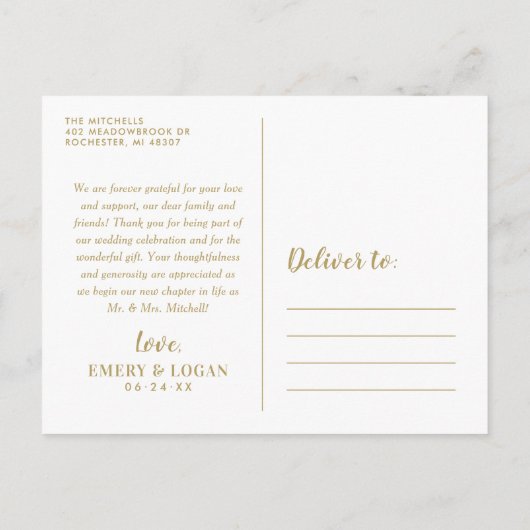 Carte Postale Monogramme or Mariage photo Collage Merci (Dos)