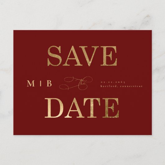 Carte Postale Monogramme Or Mariage rouge profond Enregistrer la (Devant)