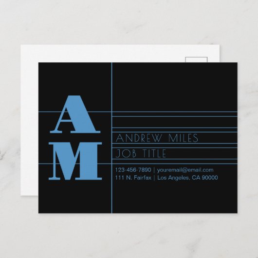 Carte Postale Monogramme rétro-moderne modifiable bleu clair et (Devant / Derrière)