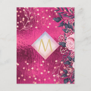 Carte Postale Monogramme rose métallique Rosegold Marine Parties