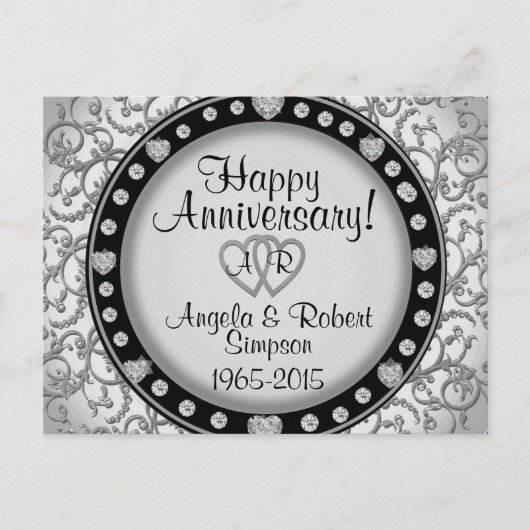 Carte Postale Monogramme Silver Heart | Invitation d'anniversair (Devant)