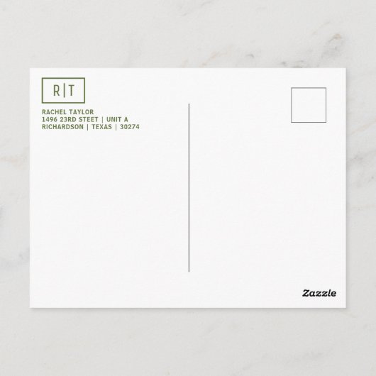 Carte Postale Monogramme vert d'olive foncé moderne (Dos)