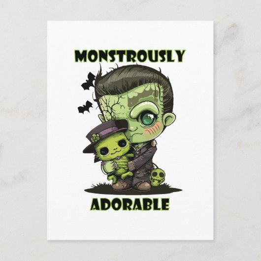 Carte Postale Monstre Frankenstein mignon avec plushie (Devant)