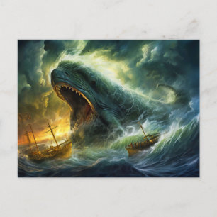 Carte Postale Monstre Marin Émergeant des Vagues Peinture Fantas