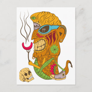 Carte Postale Monstre Tiki Barbecue avec Saucisse et Crâne Humai