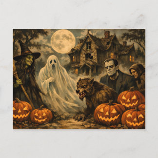 Carte Postale Monstres d'Halloween, Sorcière, Maison Hantée, Cit
