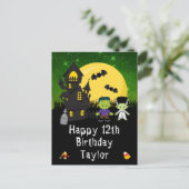 Carte Postale Monstres d'Halloween Vert Joyeux Anniversaire (Debout devant)
