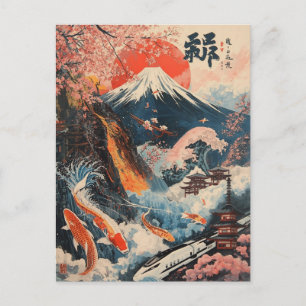 Carte Postale Mont Fuji Fleur de Cerisier Koi Poisson Art Japona