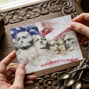Carte Postale Mont Rushmore avec drapeau américain qui flotte