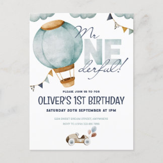 Carte Postale Montgolfière Bleue Aquarelle Monsieur ONEderful Ga