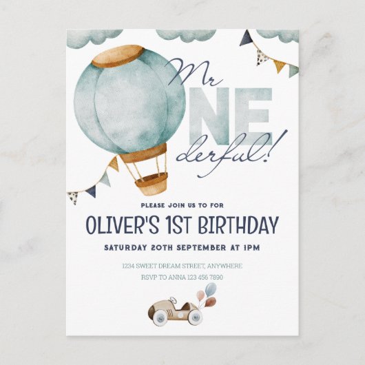 Carte Postale Montgolfière Bleue Aquarelle Mr ONEderful Garçon (Devant)