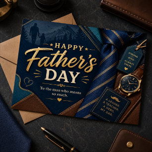 Carte Postale Montre à gousset Happy Fathers Day Navy Gold Tie C