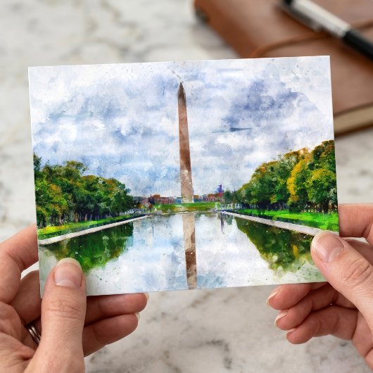 Carte Postale Monument de Washington Aquarelle avec Reflet
