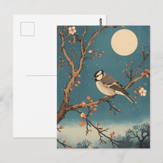 Carte Postale Moonlit Bird on Blossom Branch (Devant / Derrière)