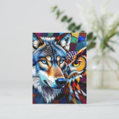 Carte Postale Mosaïque de loup et de hibou hyperréaliste (Debout devant)