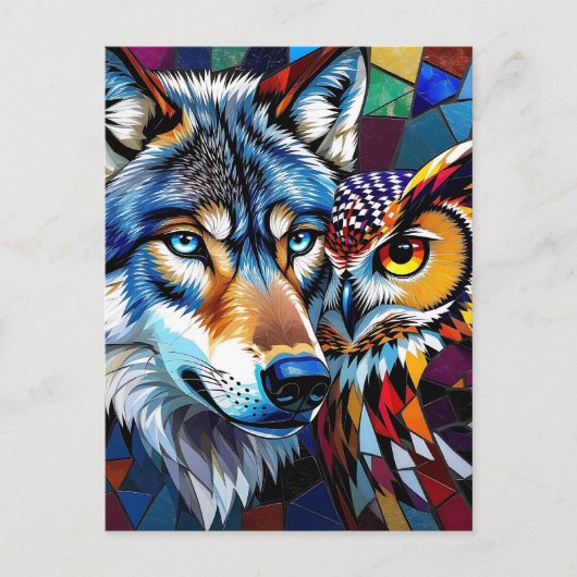 Carte Postale Mosaïque de loup et de hibou hyperréaliste (Devant)