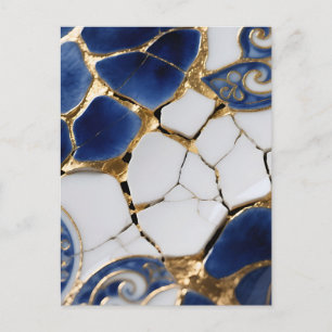 Carte Postale Mosaïque en porcelaine bleu blanc or Kintsugi
