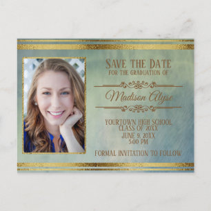 Carte Postale Moss Green, Blue Grunge et Gold Photo Graduation