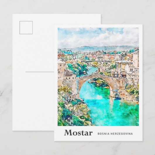 Carte Postale Mostar Bosnie Voyage Aquarelle main tirée (Devant / Derrière)