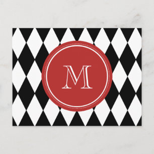 Carte Postale Motif Arlequin blanc noir, Monogramme rouge