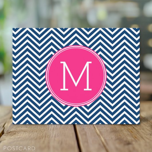Carte Postale Motif Chevron avec Monogram - Navy Magenta