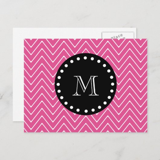 Carte Postale Motif Chevron rose chaud | Monogramme noir (Devant / Derrière)