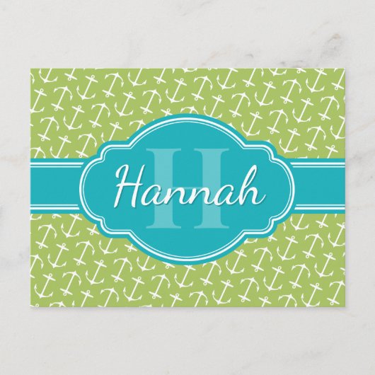 Carte Postale Motif d'Ancre blanc vert Turquoise Monogramme (Devant)