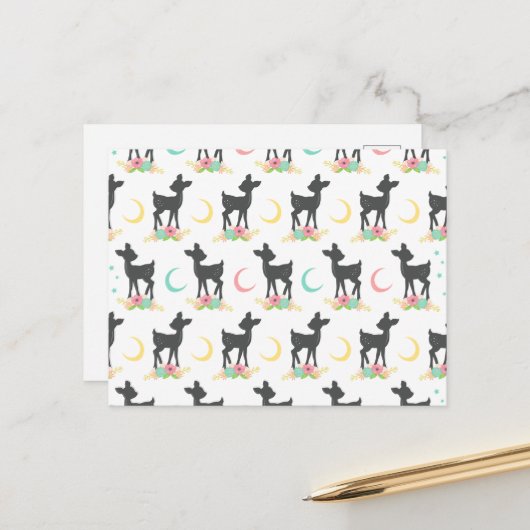 Carte Postale Motif de cerfs, Cerf de bébé, Boho, Fleurs, Lune (Devant/Arrière en situation)