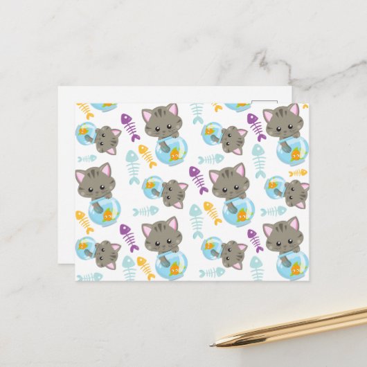 Carte Postale Motif De Chats, Chats Mignons, Chatons, Poisson (Devant/Arrière en situation)