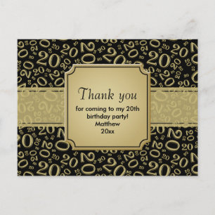 Carte Postale Motif de chiffre d'anniversaire 20 Merci Noir/Or