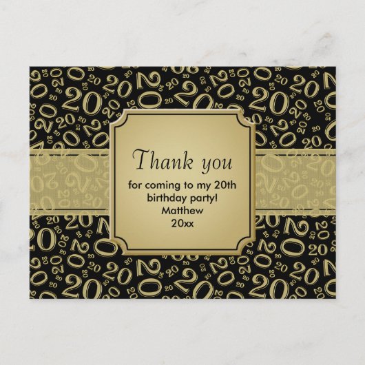 Carte Postale Motif de chiffres pour les 20 ans Merci Or/Noir (Devant)