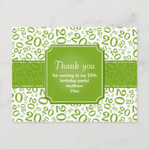 Carte Postale Motif de chiffres pour les 20 ans Merci Vert/Blanc