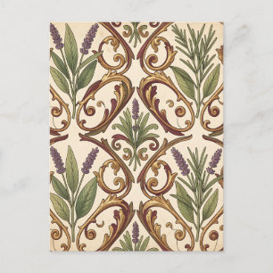 Carte Postale Motif de défilement or et lavande Romarin