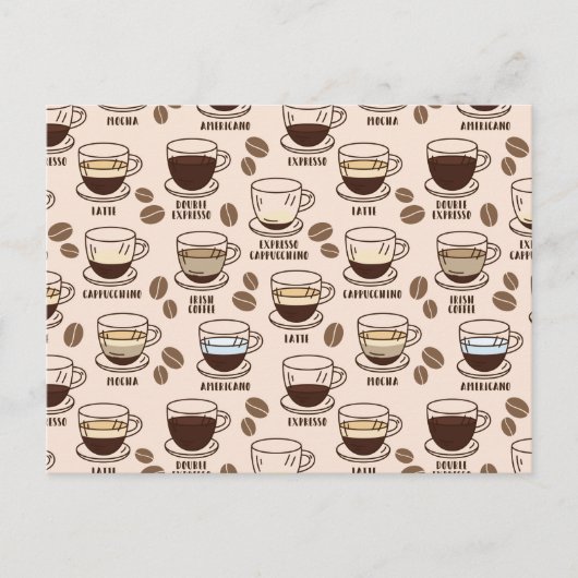 Carte Postale Motif de différentes boissons de café dans un café (Devant)