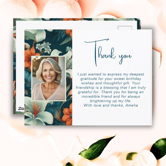 Carte Postale Motif de feuillage de fleurs élégant Photo Merci