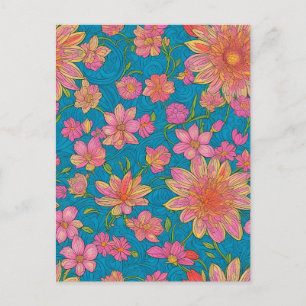 Carte Postale Motif de fleurs roses sur Arrière - plan bleu