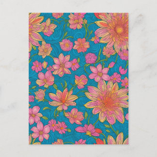 Carte Postale Motif de fleurs roses sur Arrière - plan bleu