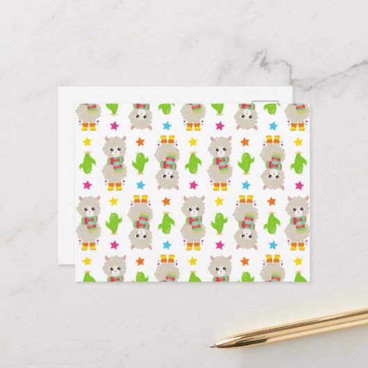 Carte Postale Motif de lamas, Lamas mignons, Alpagas, Cactus (Devant/Arrière en situation)