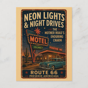 Carte Postale Motif de motel néon vintage Route 66 en nocturne