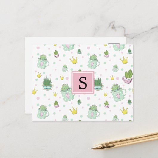 Carte Postale Motif De Succulents, Motif De Cactus, Monogramme (Devant/Arrière en situation)